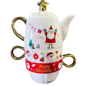 Christmas Tea Set With Teapot & Two Cups - Santa Claus Design Ceramic With Gold
